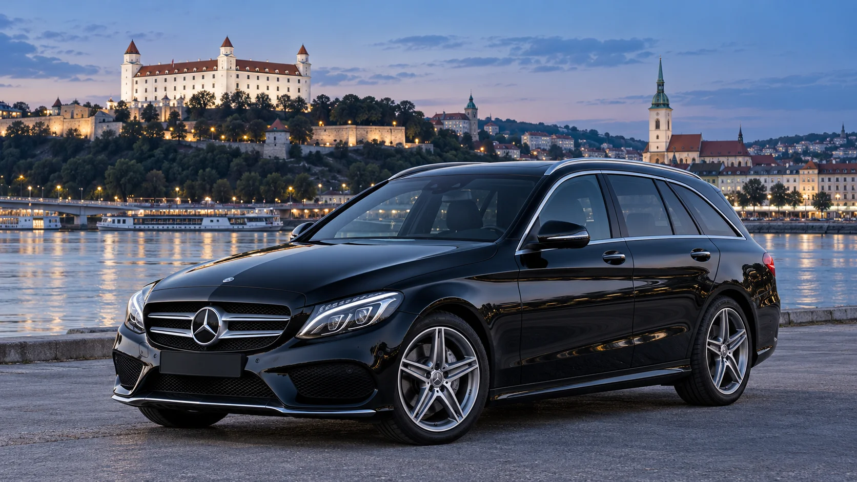 Illustration of a black Mercedes-Benz C-Class estate beside the Danube in Bratislava