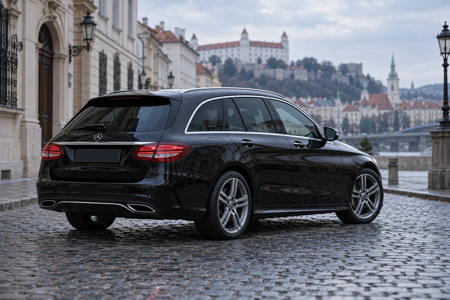 Illustration of a black C-Class estate viewed from the rear