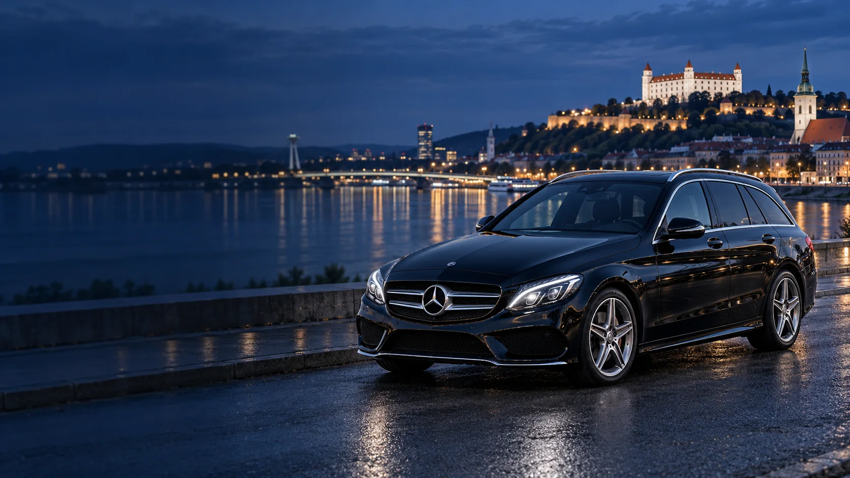 Illustration of a black Mercedes-Benz C-Class estate beside the Danube in Bratislava